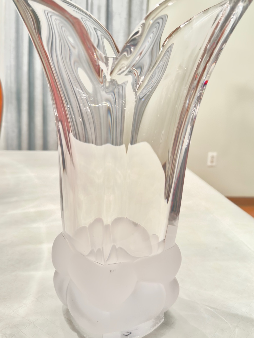 Vintage Clear/Frosted Crystal Vase Mid-Century Modern Design Trumpet Shape 12.5"